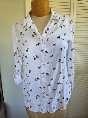 Louise & Shirley Dog Print Button Up Shirt Rayon White M Frenchie